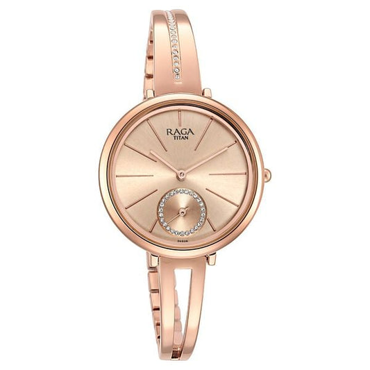Titan 2647WM01 Rose Gold Dial Analog Quartz Stainless Steel Women’s Watch – Rose Gold Band, Round Case, Embellished Design