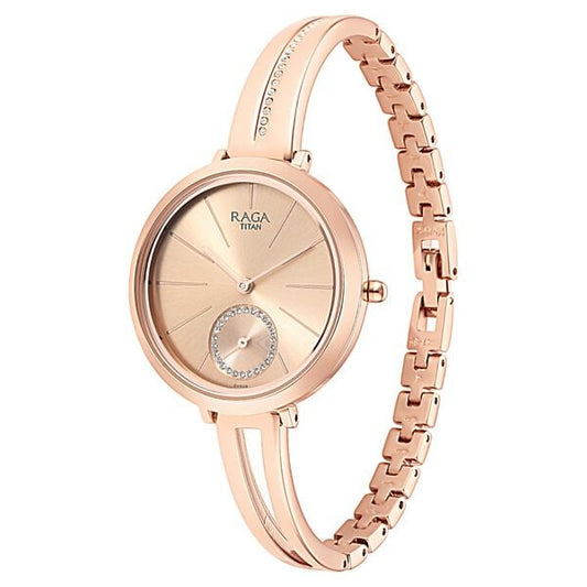 Titan 2647WM01 Rose Gold Dial Analog Quartz Stainless Steel Women’s Watch – Rose Gold Band, Round Case, Embellished Design