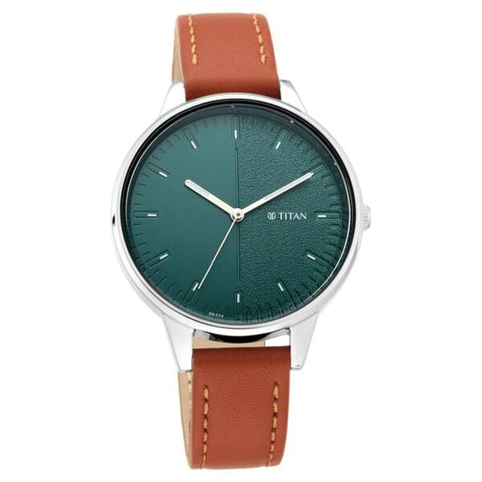 Titan 2648SL01 Green Dial Analog Watch for Women – Tan Leather Strap, Quartz Movement