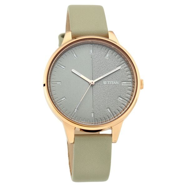 Titan 2648WL01 Women’s Quartz Analog Watch with Grey Dial & Olive-Green Leather Strap