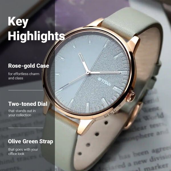 Titan 2648WL01 Women’s Quartz Analog Watch with Grey Dial & Olive-Green Leather Strap