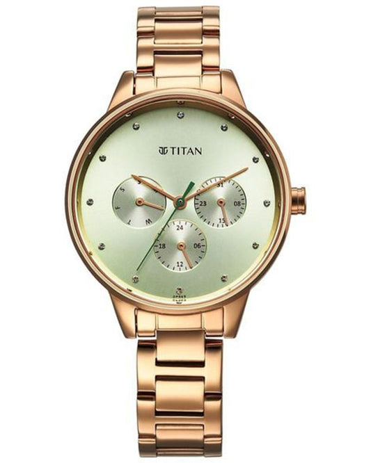 Titan 2648WM09 Razzle Dazzle Quartz Analog Green Dial Rose Gold Stainless Steel Women's Watch