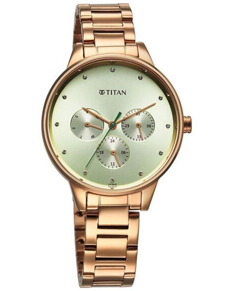 Titan 2648WM09 Razzle Dazzle Quartz Analog Green Dial Rose Gold Stainless Steel Women's Watch