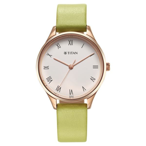 Titan 2649WL03 Silver Dial Analog Quartz Leather Strap Women’s Watch – Green Band, Round Case (Workwear Collection)