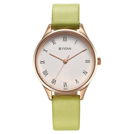 Titan 2649WL03 Silver Dial Analog Quartz Leather Strap Women’s Watch – Green Band, Round Case (Workwear Collection)