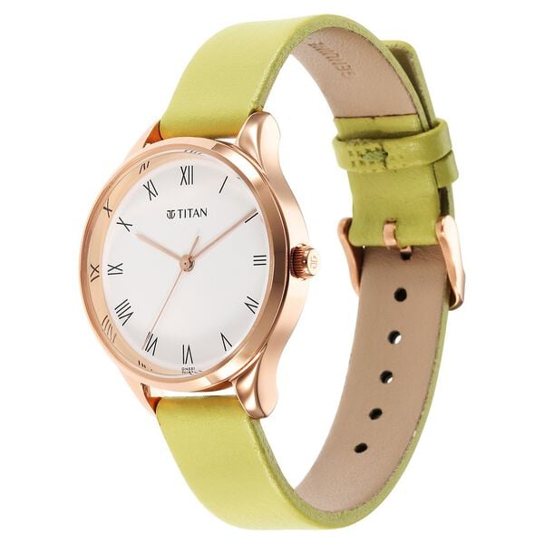 Titan 2649WL03 Silver Dial Analog Quartz Leather Strap Women’s Watch – Green Band, Round Case (Workwear Collection)