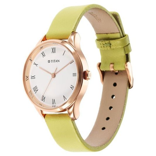 Titan 2649WL03 Silver Dial Analog Quartz Leather Strap Women’s Watch – Green Band, Round Case (Workwear Collection)