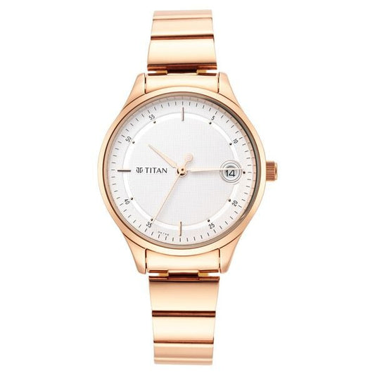 Titan 2649WM01 Silver Dial Analog Quartz Stainless Steel Women’s Watch – Rose Gold Band, Round Case, Date Display