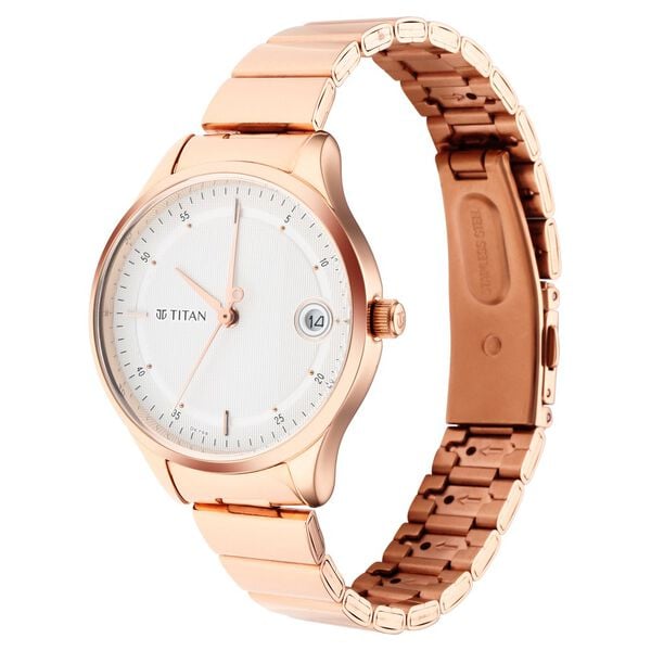 Titan 2649WM01 Silver Dial Analog Quartz Stainless Steel Women’s Watch – Rose Gold Band, Round Case, Date Display