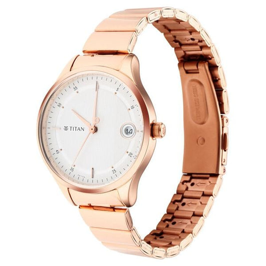 Titan 2649WM01 Silver Dial Analog Quartz Stainless Steel Women’s Watch – Rose Gold Band, Round Case, Date Display