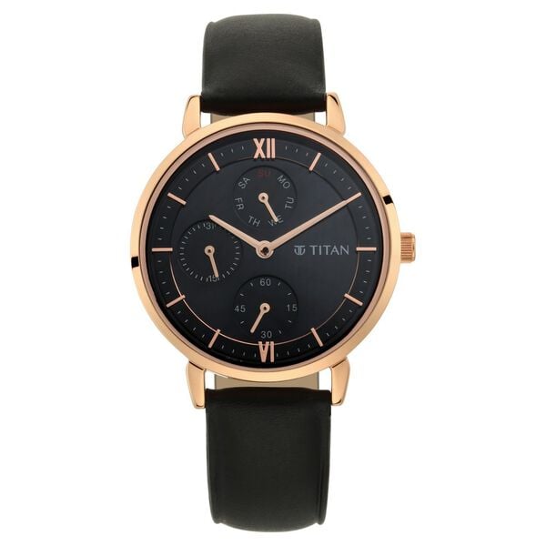 Titan 2652WL01 Black Dial Analog Quartz Leather Strap Women’s Watch – Black Band, Round Case, Multifunction