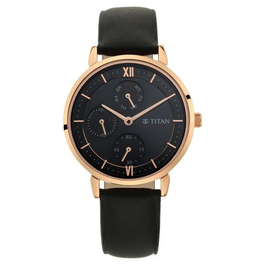 Titan 2652WL01 Black Dial Analog Quartz Leather Strap Women’s Watch – Black Band, Round Case, Multifunction