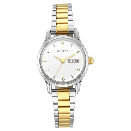 Titan 2656BM01 Silver Dial Analog Quartz Stainless Steel Women’s Watch – Two‑Toned Metal Band, Round Case, Day & Date Display