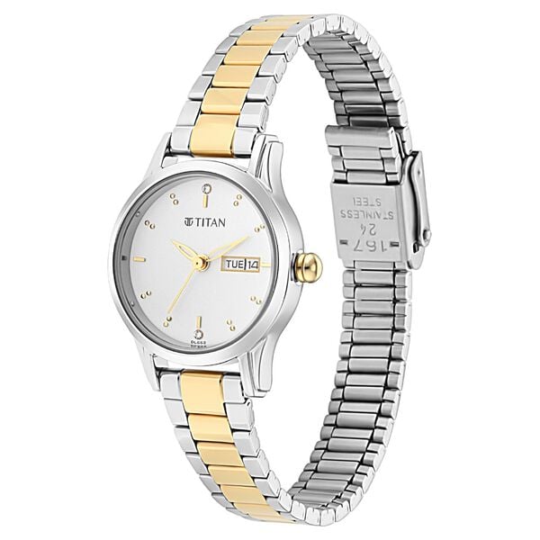 Titan 2656BM01 Silver Dial Analog Quartz Stainless Steel Women’s Watch – Two‑Toned Metal Band, Round Case, Day & Date Display
