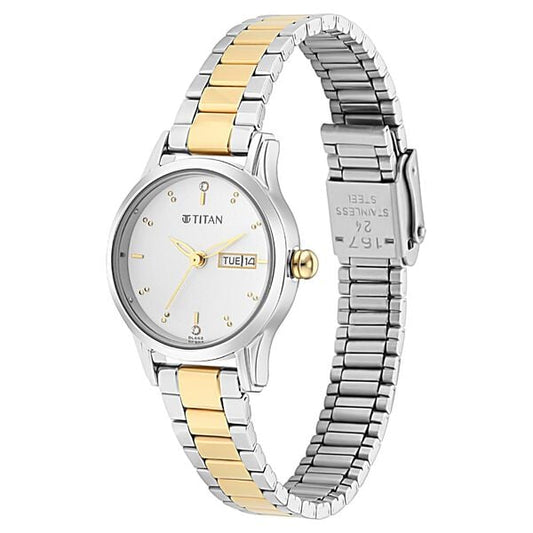 Titan 2656BM01 Silver Dial Analog Quartz Stainless Steel Women’s Watch – Two‑Toned Metal Band, Round Case, Day & Date Display