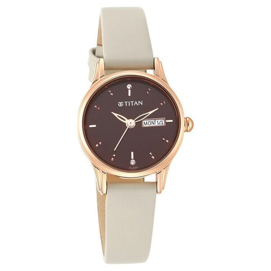 Titan 2656WL01 Brown Dial Analog Watch for Women – Ivory/White Leather Strap, Quartz Movement