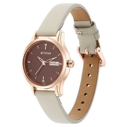 Titan 2656WL01 Brown Dial Analog Watch for Women – Ivory/White Leather Strap, Quartz Movement