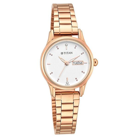 Titan 2656WM01 Silver Dial Analog Quartz Stainless Steel Women’s Watch – Rose Gold Band, Round Case, Day & Date Display