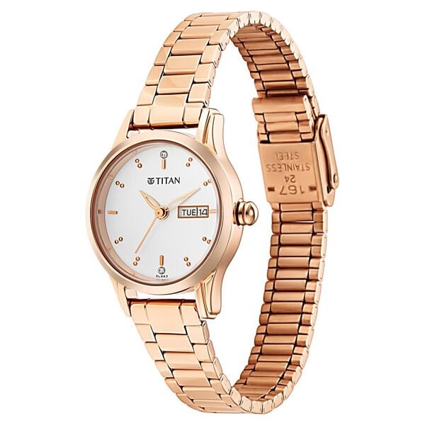 Titan 2656WM01 Silver Dial Analog Quartz Stainless Steel Women’s Watch – Rose Gold Band, Round Case, Day & Date Display