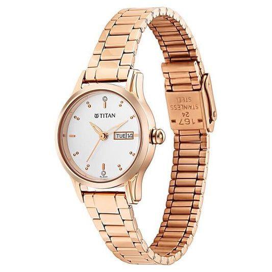 Titan 2656WM01 Silver Dial Analog Quartz Stainless Steel Women’s Watch – Rose Gold Band, Round Case, Day & Date Display