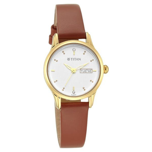 Titan 2656YL01 Quartz Analog Day And Date White Dial Brown Leather Strap Women Watch