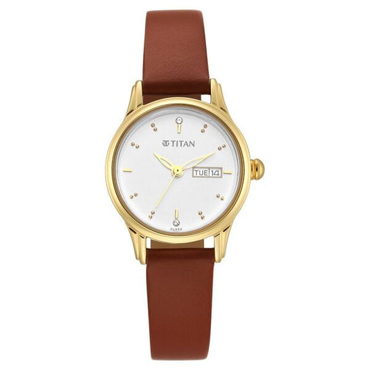 Titan 2656YL01 Women’s Quartz Analog Watch with White Dial & Brown Leather Strap