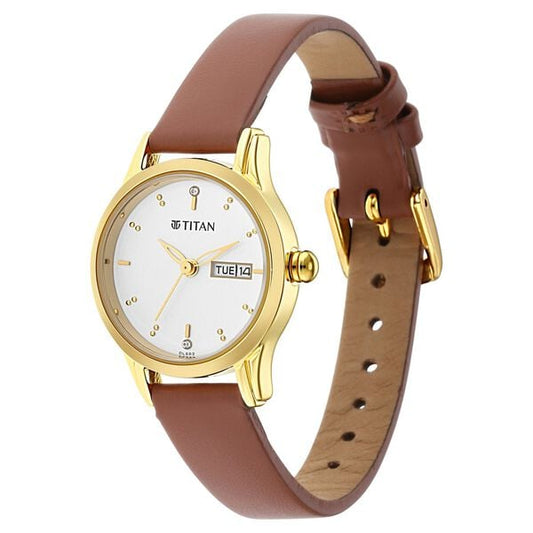 Titan 2656YL01 Quartz Analog Day And Date White Dial Brown Leather Strap Women Watch