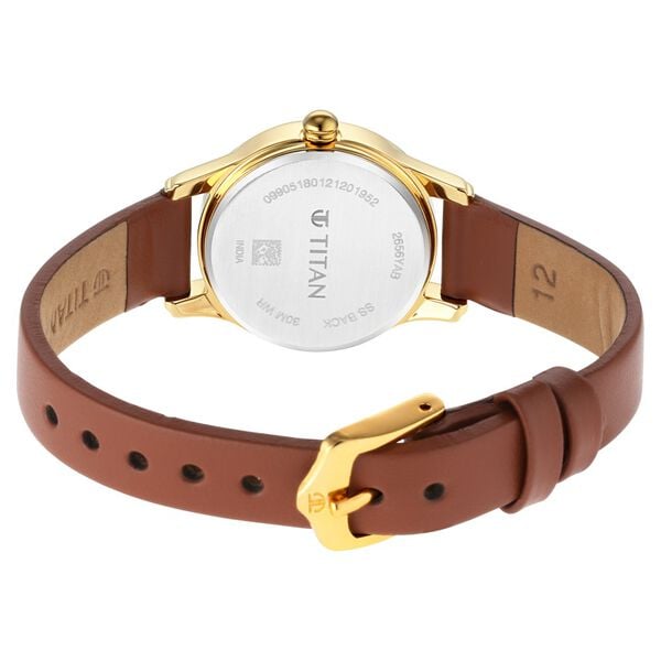 Titan 2656YL01 Quartz Analog Day And Date White Dial Brown Leather Strap Women Watch
