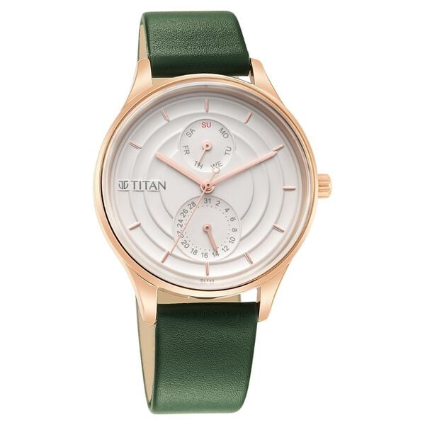 Titan 2670WL05 Women White Dial Green Leather Strap Quartz Multifunction Watch