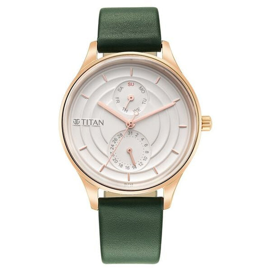 Titan 2670WL05 Women White Dial Green Leather Strap Quartz Multifunction Watch