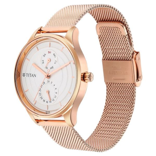 Titan 2670WM07 Silver Dial Analog Quartz Multifunction Stainless Steel Women’s Watch – Rose Gold Band, Round Case, 35 mm