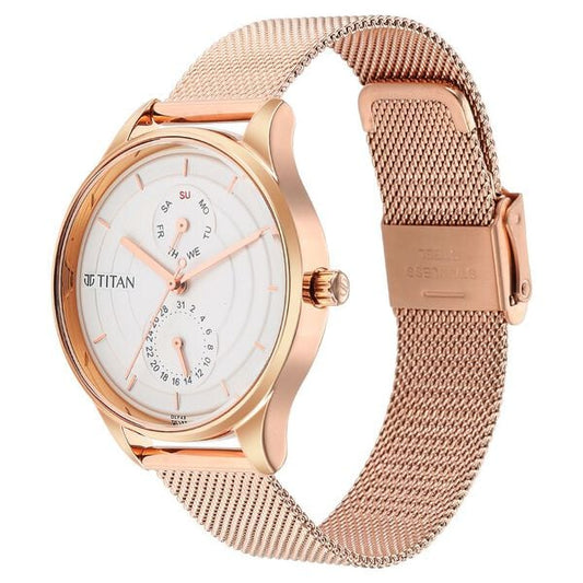 Titan 2670WM07 Silver Dial Analog Quartz Multifunction Stainless Steel Women’s Watch – Rose Gold Band, Round Case, 35 mm