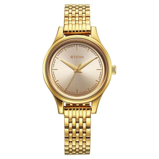 Titan 2679YM02 Quartz Analog Watch for Women – Golden Dial, Golden Stainless Steel Bracelet, Mineral Glass, Round Metal Case