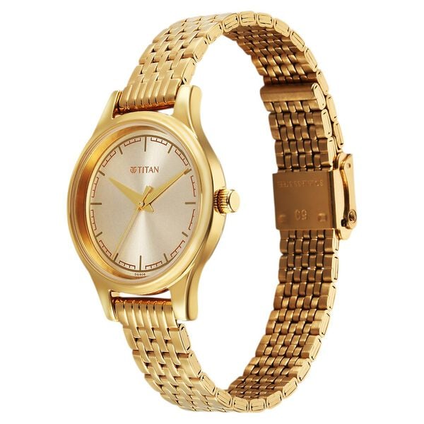 Titan 2679YM02 Quartz Analog Watch for Women – Golden Dial, Golden Stainless Steel Bracelet, Mineral Glass, Round Metal Case