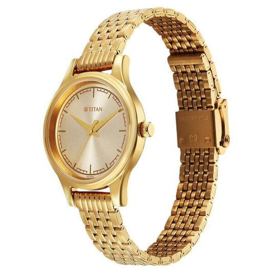 Titan 2679YM02 Quartz Analog Watch for Women – Golden Dial, Golden Stainless Steel Bracelet, Mineral Glass, Round Metal Case