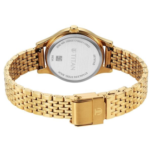 Titan 2679YM02 Quartz Analog Watch for Women – Golden Dial, Golden Stainless Steel Bracelet, Mineral Glass, Round Metal Case