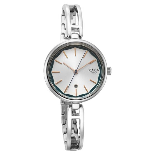 Titan 2683SM01 Quartz Analog Watch for Women – Silver Dial, Silver Stainless Steel Bracelet, Date Display, Mineral Glass, Round Metal Case