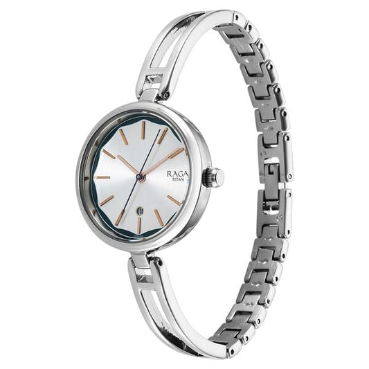 Titan 2683SM01 Quartz Analog Watch for Women – Silver Dial, Silver Stainless Steel Bracelet, Date Display, Mineral Glass, Round Metal Case