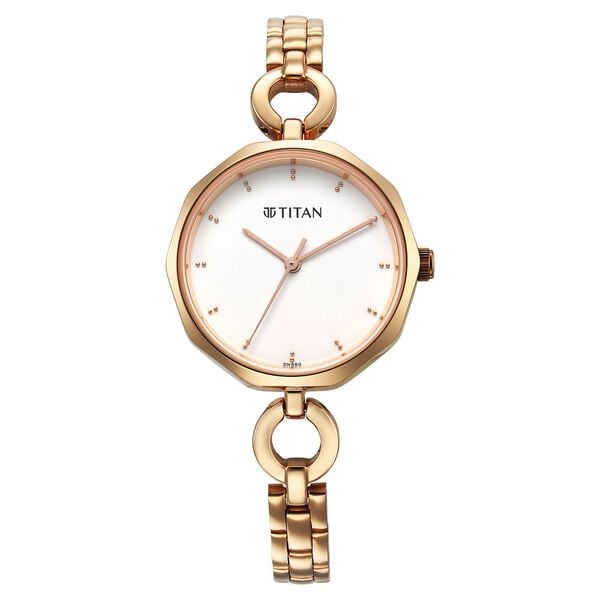Titan 2702WM01 White Dial Analog Quartz Stainless Steel Women’s Watch – Rose Gold Band, Special Case Shape