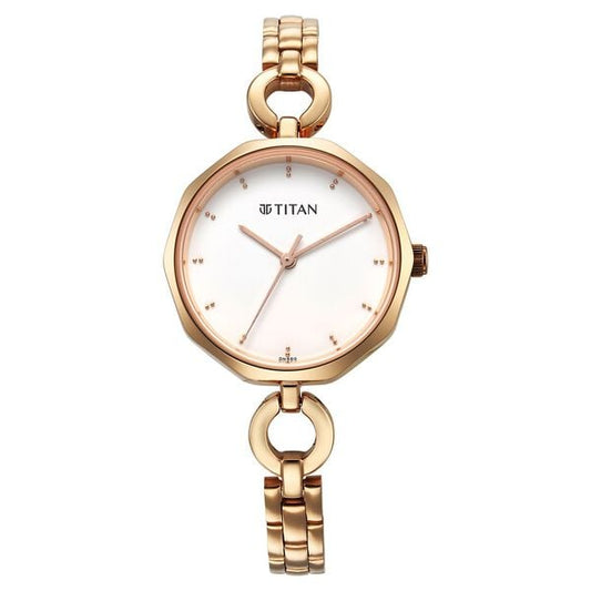 Titan 2702WM01 White Dial Analog Quartz Stainless Steel Women’s Watch – Rose Gold Band, Special Case Shape