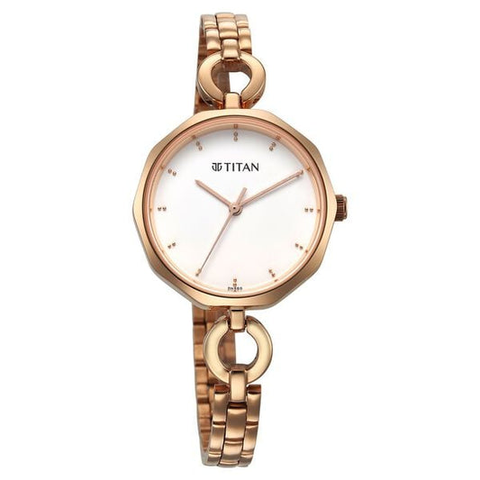 Titan 2702WM01 Women’s Quartz Analog Watch with White Dial & Rose-Gold Stainless Steel Strap