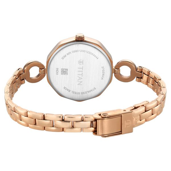 Titan 2702WM01 White Dial Analog Quartz Stainless Steel Women’s Watch – Rose Gold Band, Special Case Shape