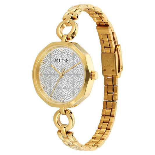 Titan – 2702YM01 Karishma Quartz Analog Women’s Watch with Silver Dial & Golden Metal Strap