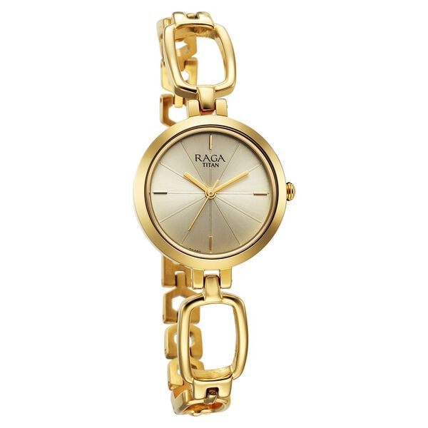 Titan 2725YM01 Women’s Champagne-Dial Analog Watch with Gold Metal Bracelet