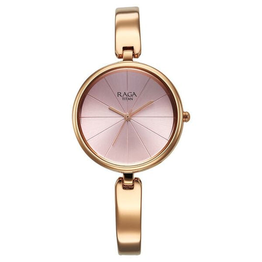 Titan 2772WM01 Women’s Pink-Dial Analog Watch with Rose-Gold Metal Strap