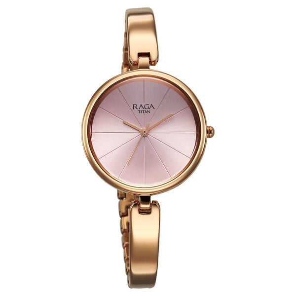 Titan 2772WM01 Women’s Pink-Dial Analog Watch with Rose-Gold Metal Strap