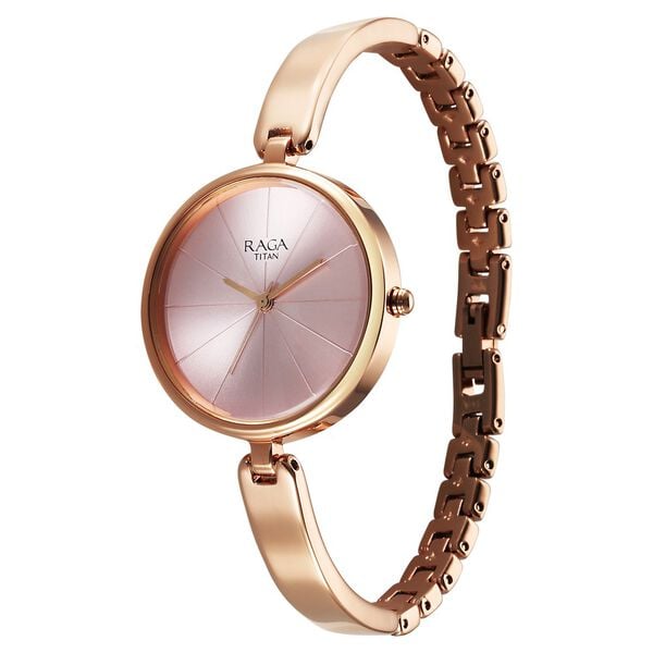 Titan 2772WM01 Women’s Pink-Dial Analog Watch with Rose-Gold Metal Strap