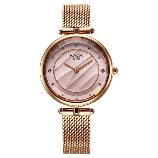 Titan 2773WM01 Raga Showstopper Quartz Analog Pink Dial Rose Gold Metal Strap Women's Watch