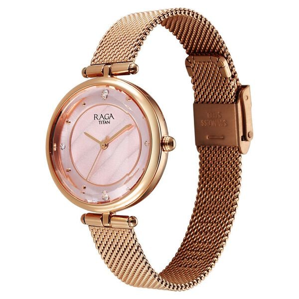 Titan 2773WM01 Raga Showstopper Quartz Analog Pink Dial Rose Gold Metal Strap Women's Watch