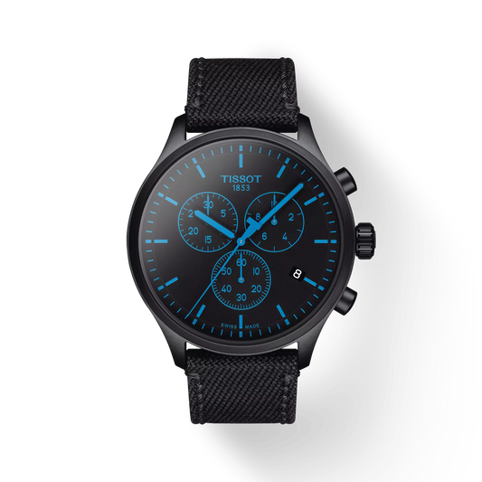 Tissot T1166173705100 Black Dial Men’s Swiss Quartz Chronograph Watch – Black PVD Case & Black Textile Strap, Sapphire Crystal